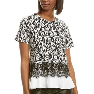 Short Sleeved Animal Print Lace and Pleated Black and White Top by Laundry